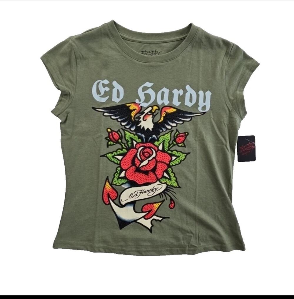 Ed Hardy T Shirt Women's L Green Rhinestone Eagle Rose Floral Graphic Logo NWT